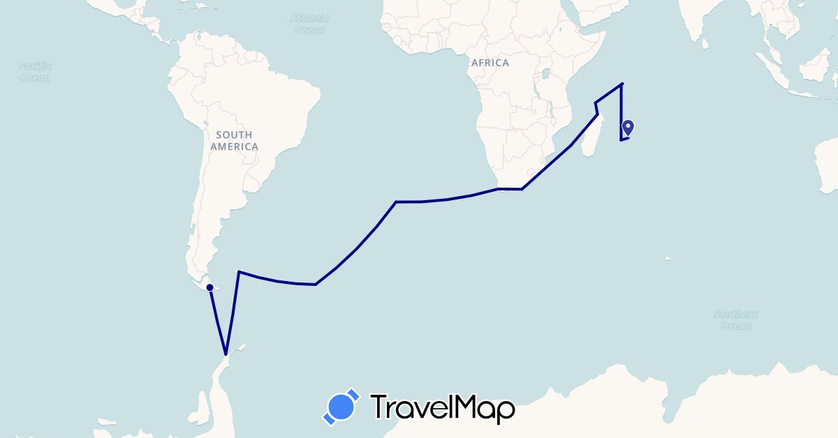 TravelMap itinerary: driving in Argentina, Falkland Islands, France, South Georgia and the South Sandwich Islands, Madagascar, Mauritius, Seychelles, Saint Helena, South Africa (Africa, Antarctica, Europe, South America)